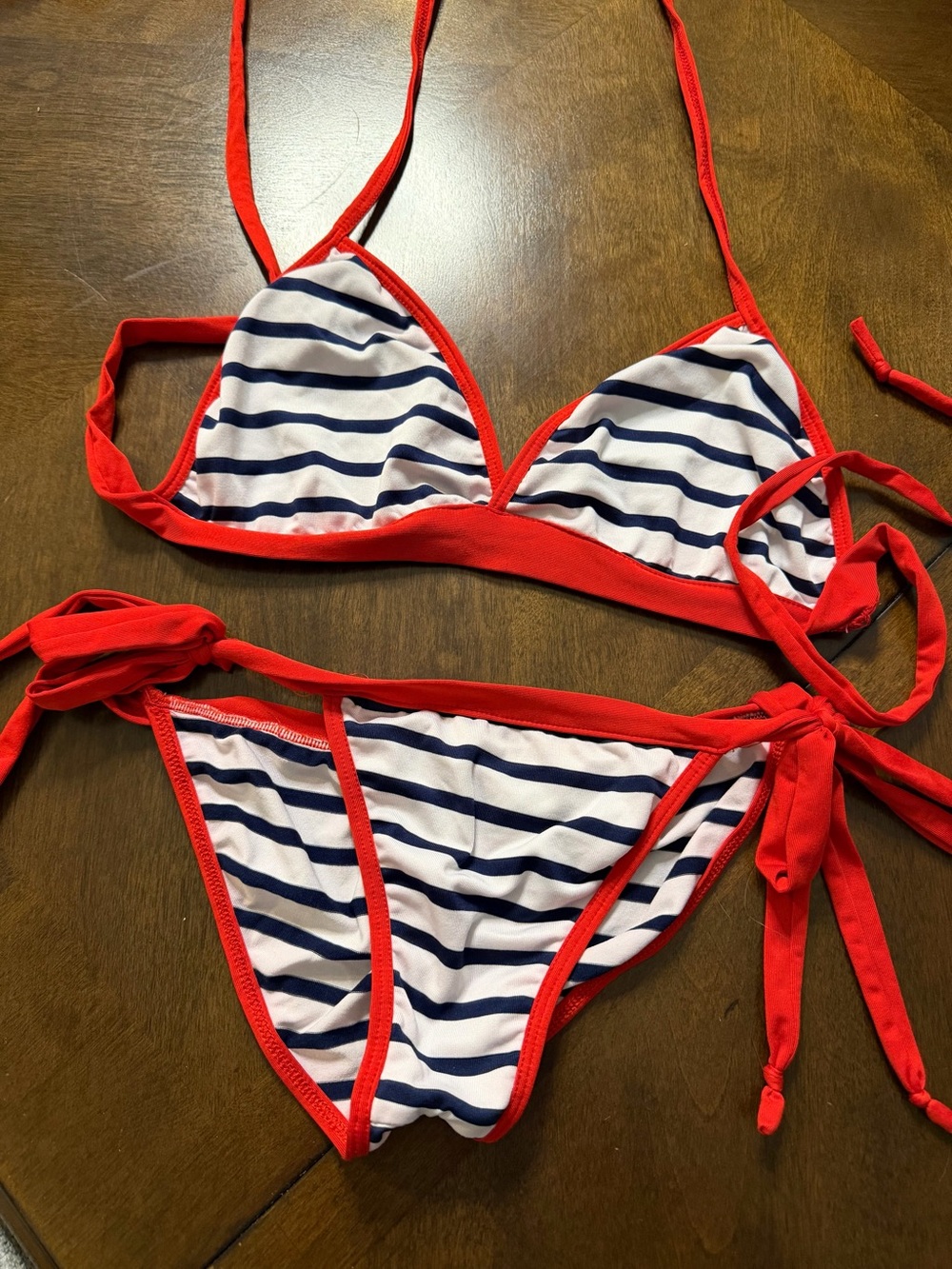 Red Trim Navy Stripe Triangle Bikini XS